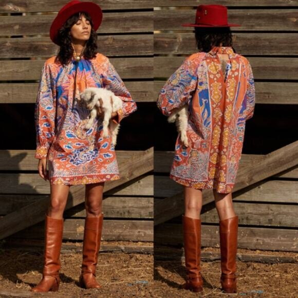 NWT Carolina K Poplin Long Sleeves High Neck Printed Irina Mini Dress Chamando